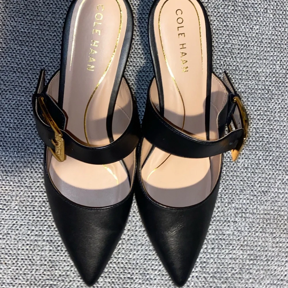 (NWOT)COLE HAAN-Kitten Heel Mules with Gold Buckle - Picture 11 of 16